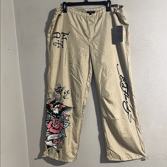 Men's Beige Graphic Nylon Pants drawstring to waist & legs. NWT